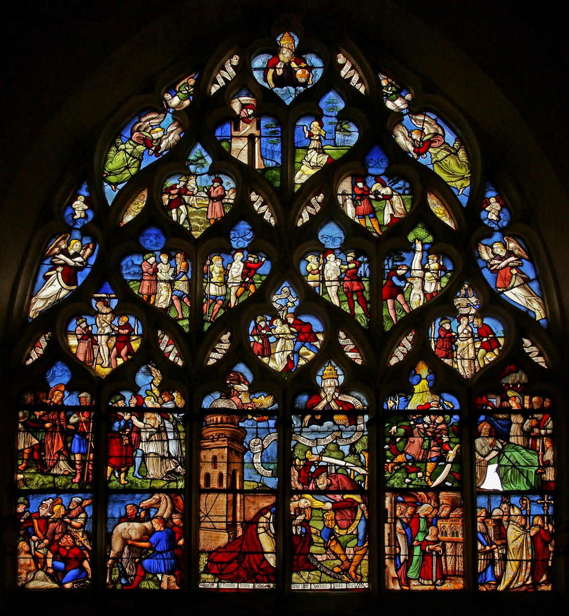The Martyrdom of St Barbara med scener av hennes liv ovanför i tracery-ljusen av French School