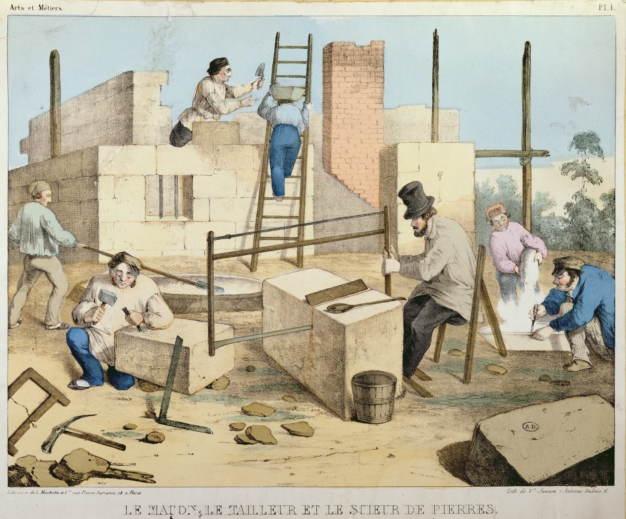 Muraren, stenhuggaren och stensågaren, ca 1860 av French School