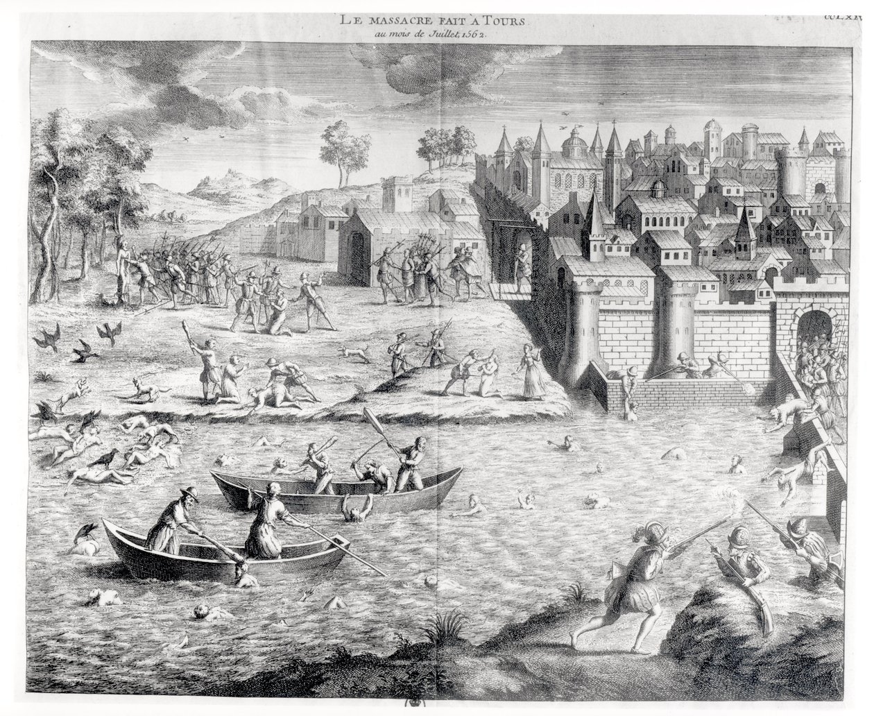 Hugenotternas massaker i Tours 1562 av French School