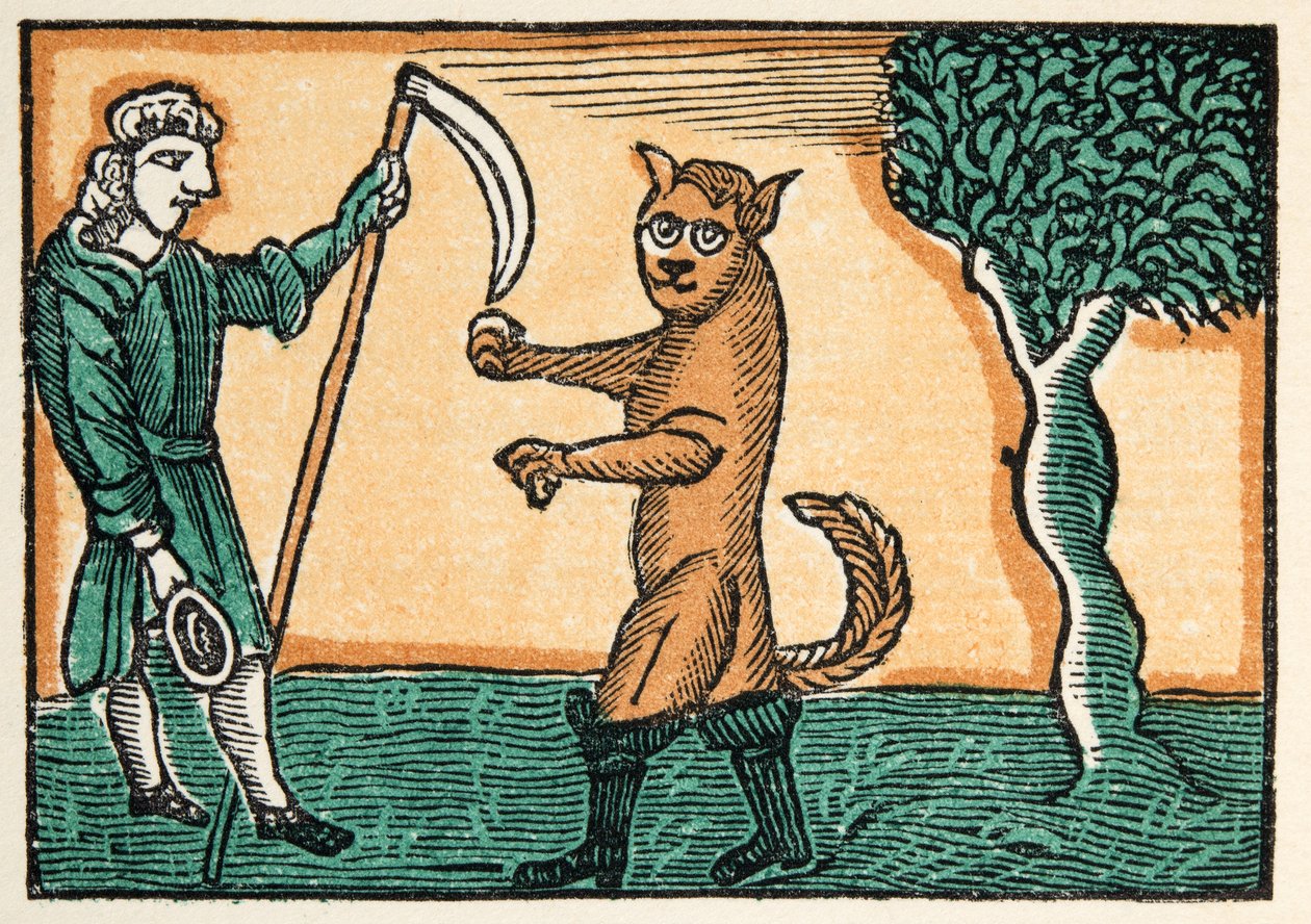 Master Cat eller Puss in Boots från Historier eller berättelser om tidigare tider berättade av Mother Goose, With Morals, av M Perrault, pub. 1925 (handfärgat träblockstryck) av French School