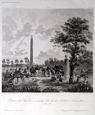 Mötet mellan Napoleon och påven Pius VII i skogen Fontainebleau, graverat av A. Lipinski, 26 november 1804 (gravyr) av French School