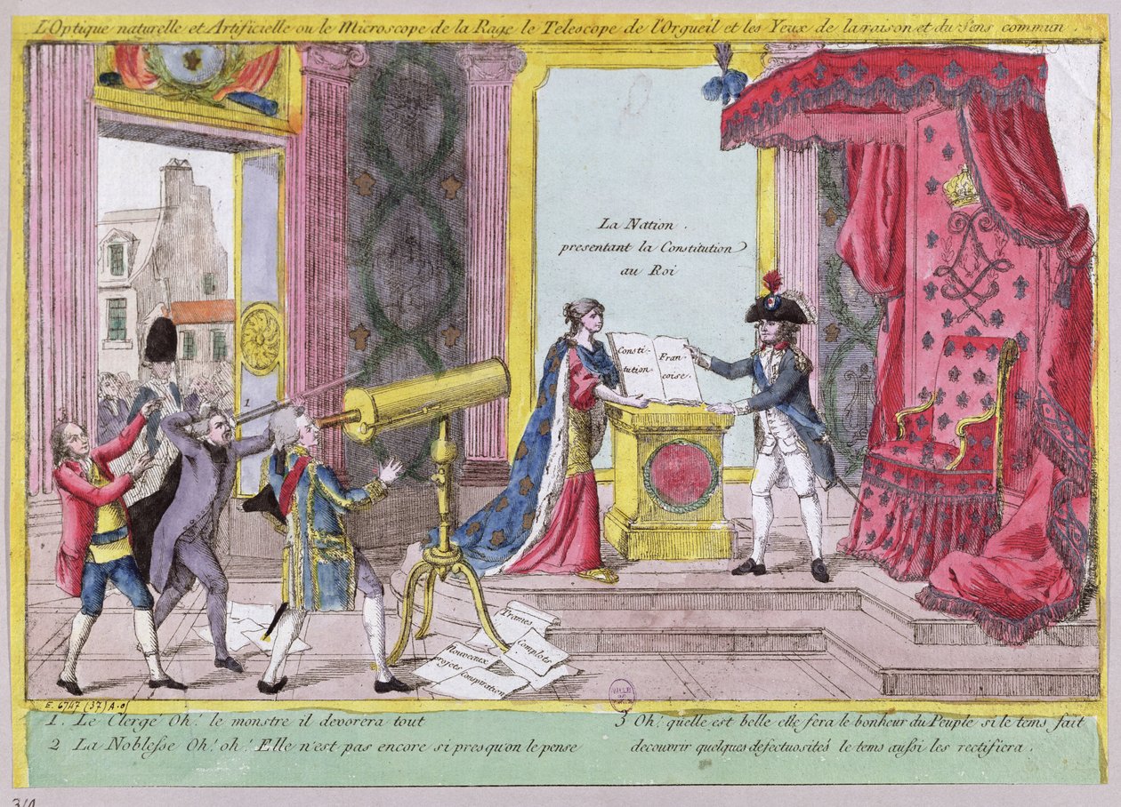 The Microscope of Rage, the Telescope of Pride and the Eyes of Reason and Common Sense, karikatyr av adelns och prästerskapets reaktion på den franska konstitutionen, ca 1791 av French School