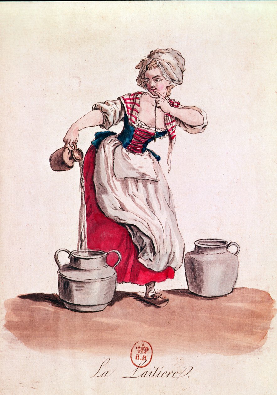 The Milkmaid, 1785 (färggravyr) av French School