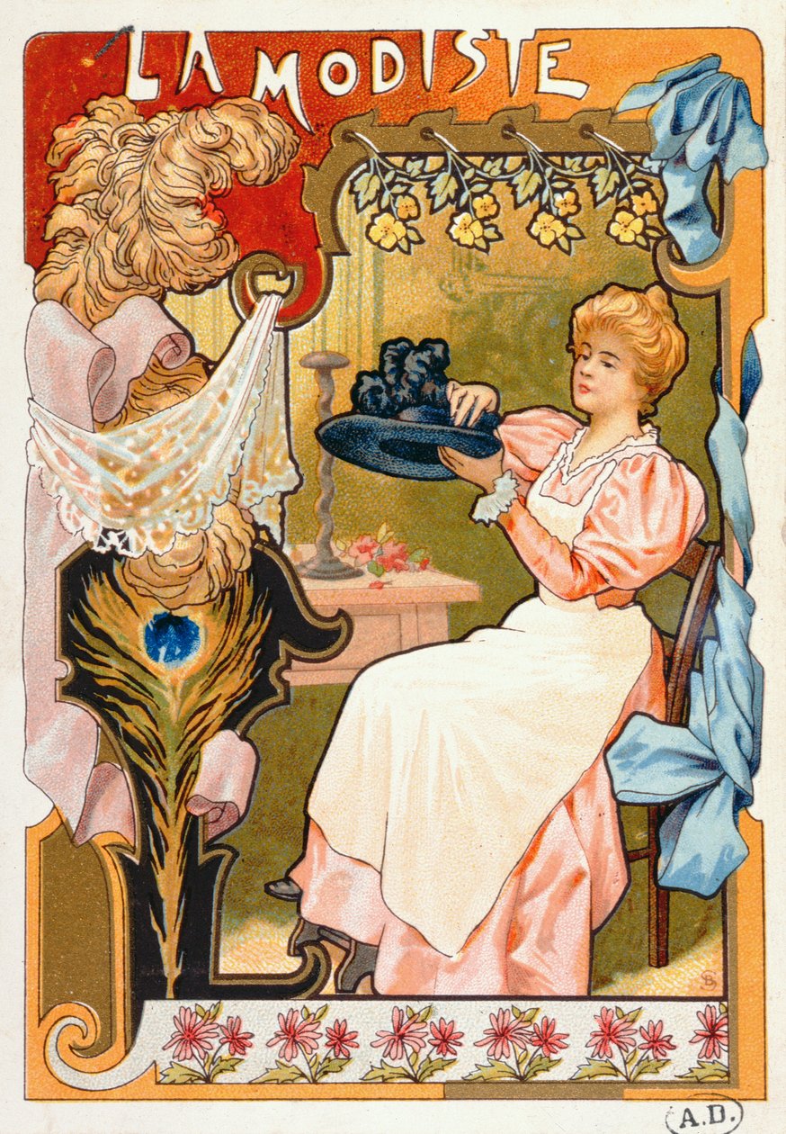 The Milliner, från en serie litografier som visar olika yrken, 1899 av French School