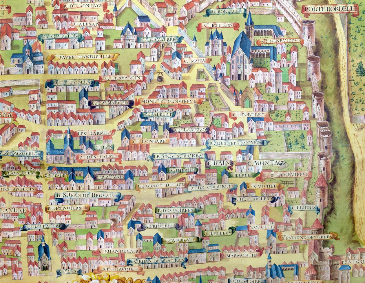 Montagne Sainte-Genevieve, detalj från planen av Paris gjord c.1540, kallad Plan de la Gouache, c.1860 av French School