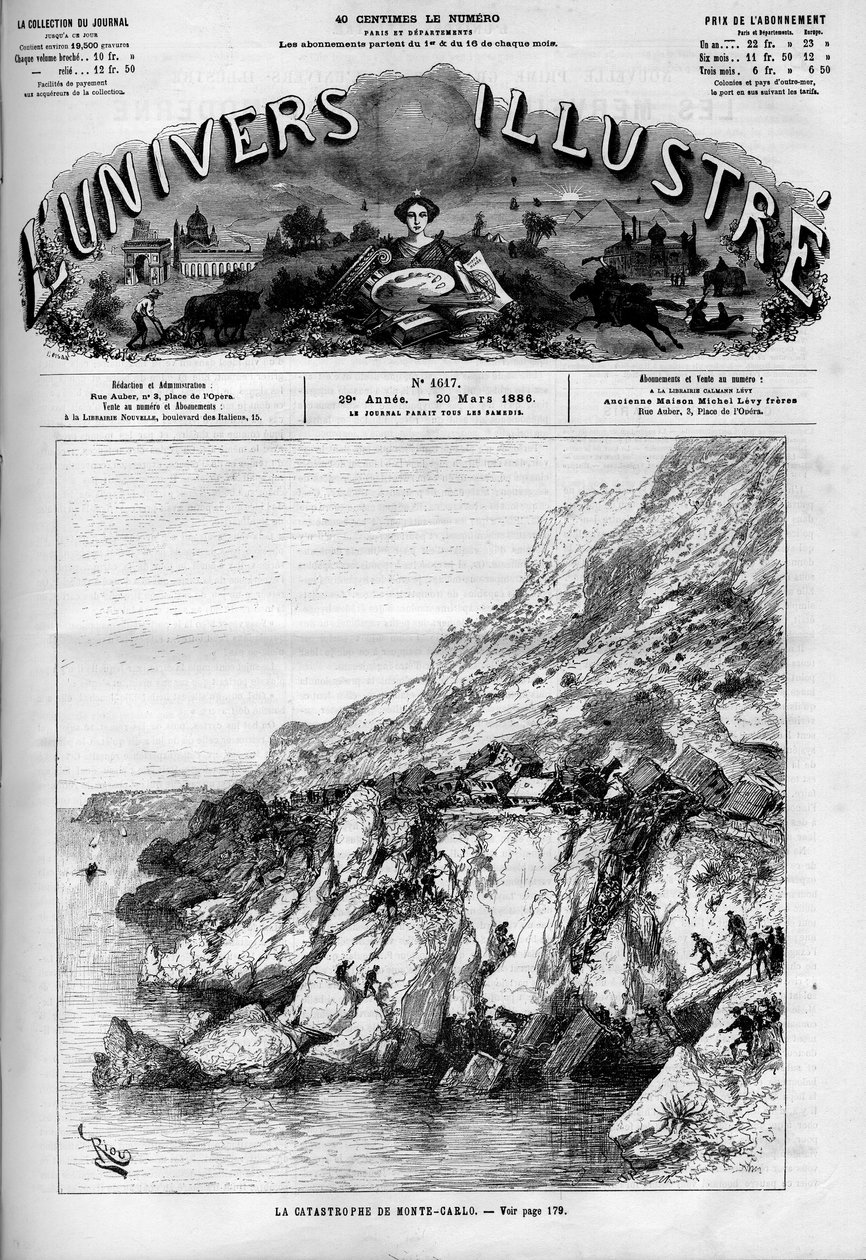 Monte Carlo (Monte-Carlo)-katastrofen: tågolycka på järnvägslinjen längs kusten. En tidning. Gravyr i "" Le Monde Illustré"" av French School