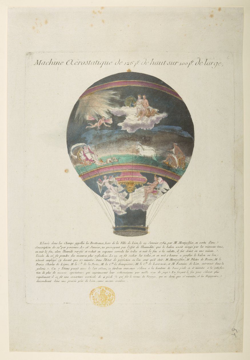 Montgolfier-ballongen med "härliga klassiska referenser", Machine Aerostatique de 126 pt de haut sur 100pt de large (färgad gravyr) av French School