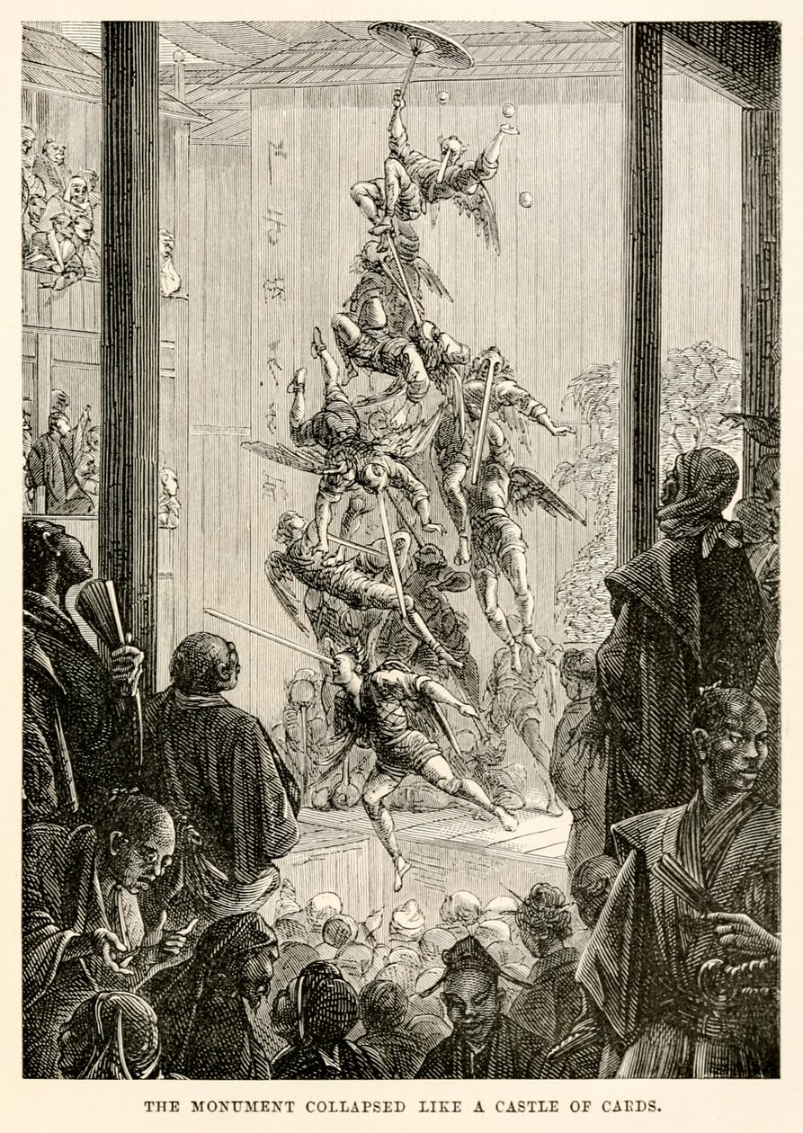 Monumentet kollapsade som ett kortslott, från "Jorden runt på åttio dagar" av Jules Verne (1828-1905) av French School