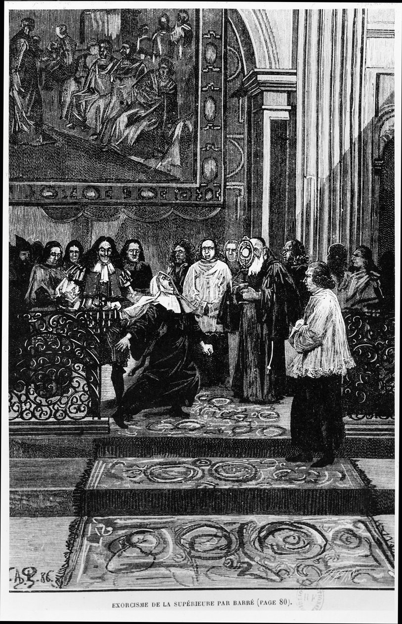 Mother Superior är exorciserad av Barre, illustration för de besatta av Loudun i Les Mysteres de la Science av Louis Figuier, 1886 av French School