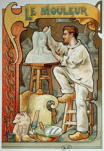 Gjutaren, illustration från en bok om hantverk, ca 1899 (färglitografi) av French School