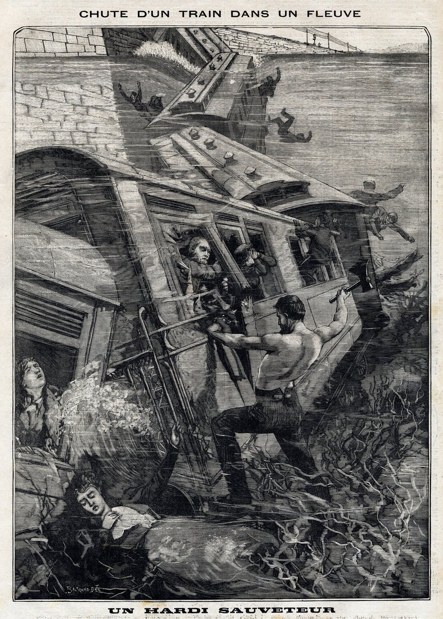 New York Buffalo-tåget faller i en flod i USA: en man försöker rädda passagerare som riskerar att drunkna. I "" Le Peute Parisien"" den 7/11/1897. Privat samling av French School