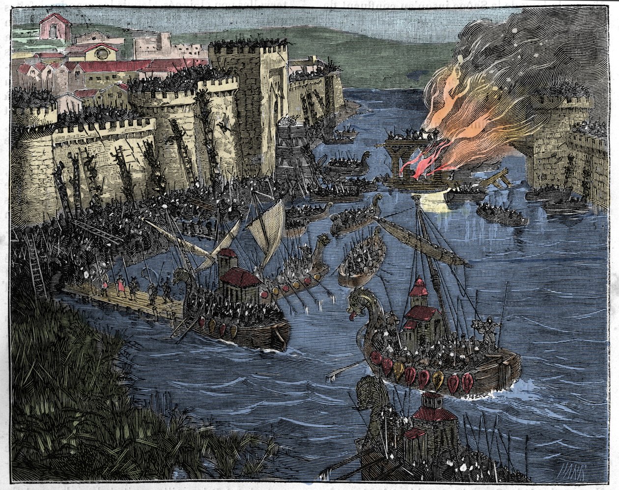 Normanderna, ledda av Rollo, belägrade Paris 885, illustration från Frankrike och fransmännen genom århundradet, 1884 av French School