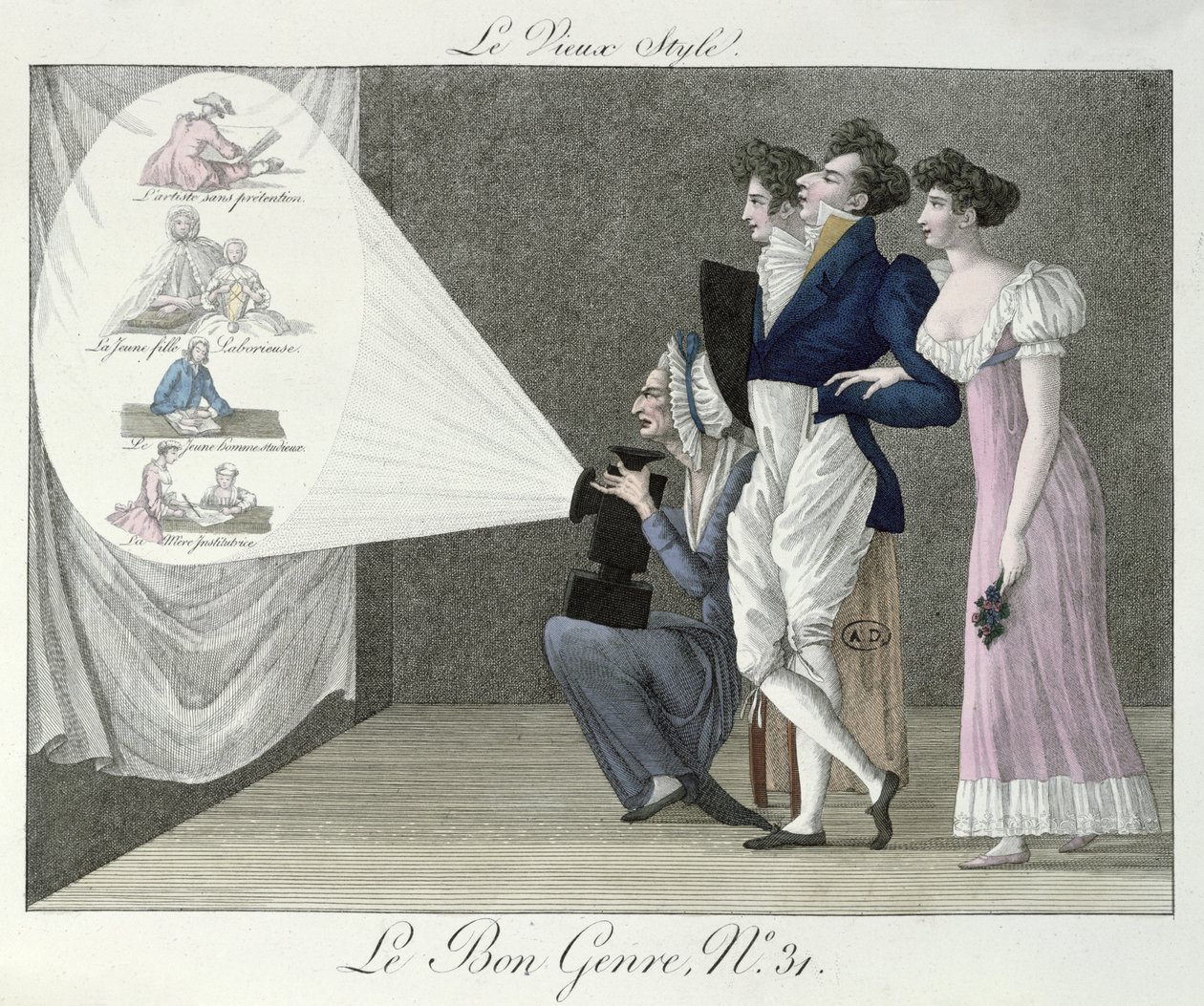 The Old Style, tittar på en projektion av 1700-talsbilder från en film med magisk lykta, illustration från Le Bon Genre av French School