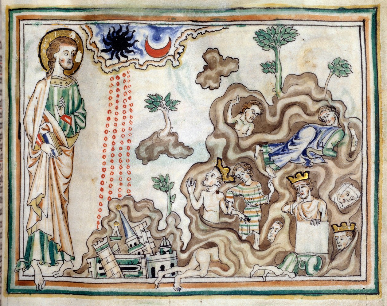 Öppnandet av det sjätte inseglet: en jordbävning äger rum och solen blir svart. Månen blir blodröd. kungar, herrar och rika män tar sin tillflykt i grottorna" Miniatyr hämtad från "The Apocalypse of Cambrai""" upplyst av den franska skolan av 13t av French School