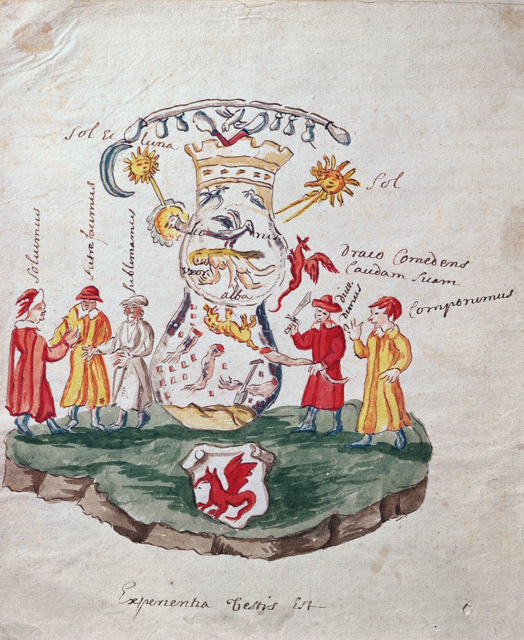 The Operations of Alchemy, illustration från La Cle de la Grande Science om det okända filosofiska verket (bläck & wc på papper) av French School