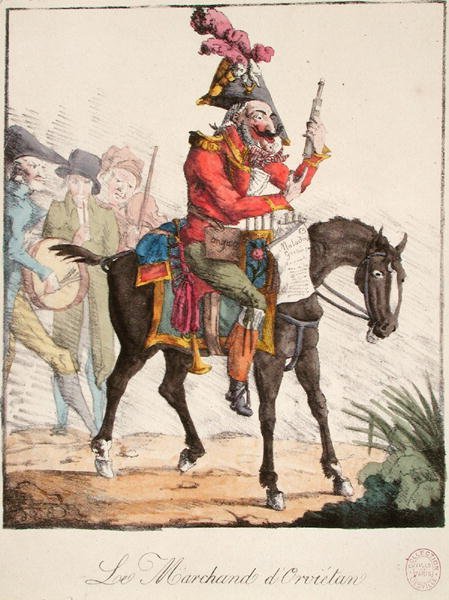 The Orvietan Seller, c.1816 (färgad gravyr) av French School