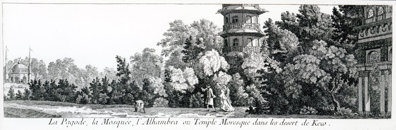 Pagoden, moskén och Alhambra eller det moriska templet i Kew, från Jardins Anglo-Chinois a la Mode, av George Louis le Rouge, publicerad 1775-78 av French School