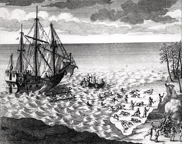 Pelikanen som sjunker nära kusten, från Histoire de lAmerique septentrionale av Bacqueville de La Potherie (1663-1736) publicerad 1753 av French School