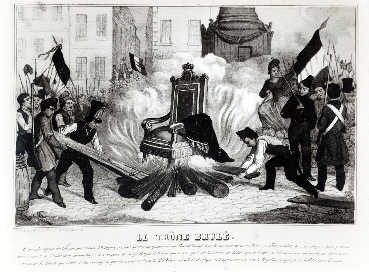 Folket som bränner tronen på Place de la Bastille, 1848 av French School