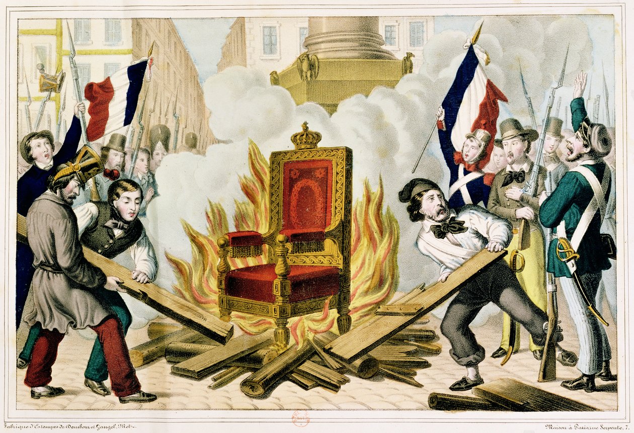 Folket som bränner tronen på Place de la Bastille, 1848 av French School