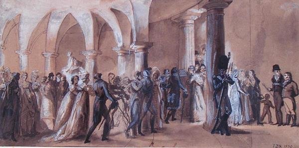 Peristylen vid Theatre Francais, c.1822 (färg litho) av French School