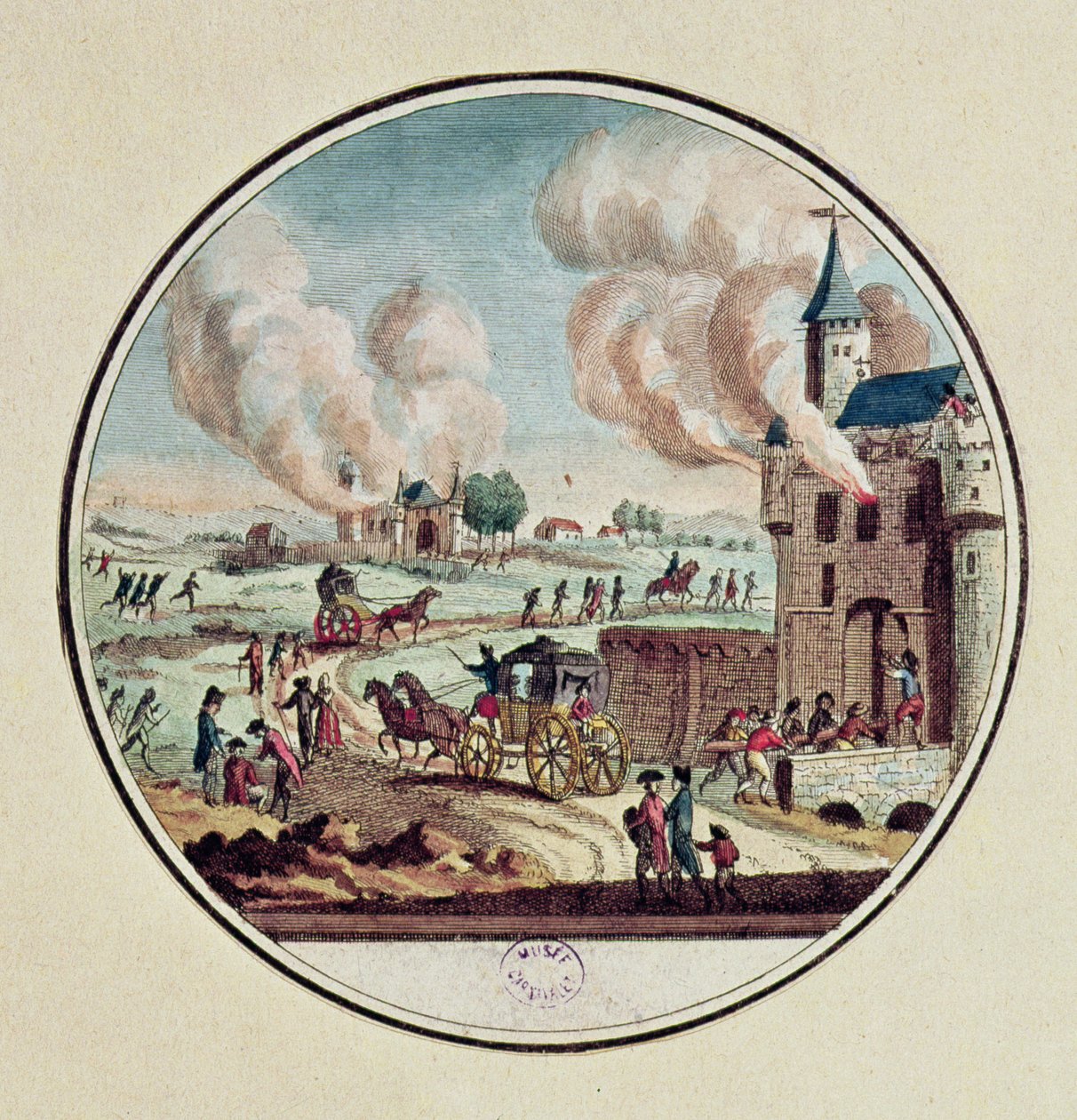 Plundringen och förstörelsen av slotten och emigrationen av prinsar och hovmän i juli 1789 (färgstick) av French School
