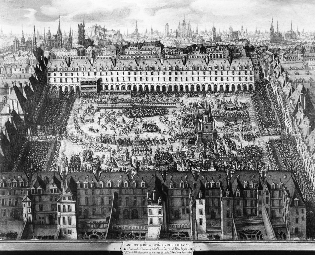 Place Royale och karusellen 1612 (gravyr) av French School