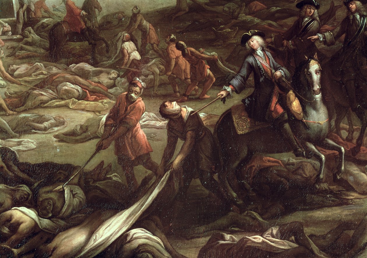 Pesten i Marseille 1720 (olja på duk) (detalj) av French School