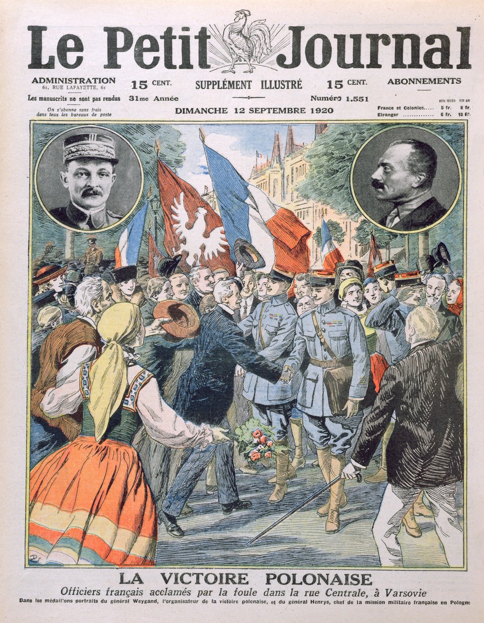Den polska segern, franska officerare hyllas av folkmassan på Central Street i Warszawa, omslagsillustration av Le Petit Journal, 12 september 1920 av French School