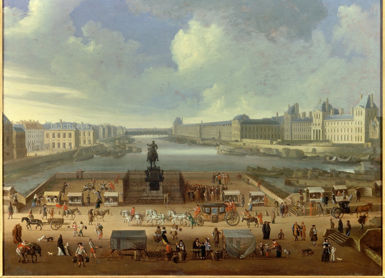 Pont Neuf sett från ingången till Place Dauphine, Quai Malaquais, College of Four Nations, det stora galleriet och Louvren. Anonym målning av French School