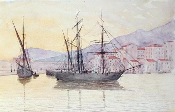 The Port of Menton (akvarell på papper) av French School