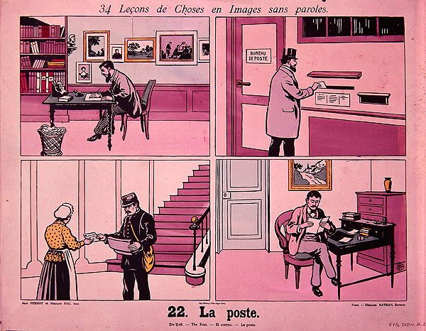 "The Post", serie bilder som illustrerar olika postbilder från en fransk lärobok, utgiven av Fernand Nathan, före 1914 (färglitografi). av French School
