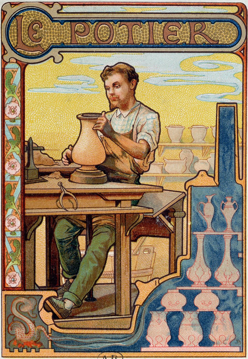 The Potter, illustration från en bok om hantverk, c.1899 av French School
