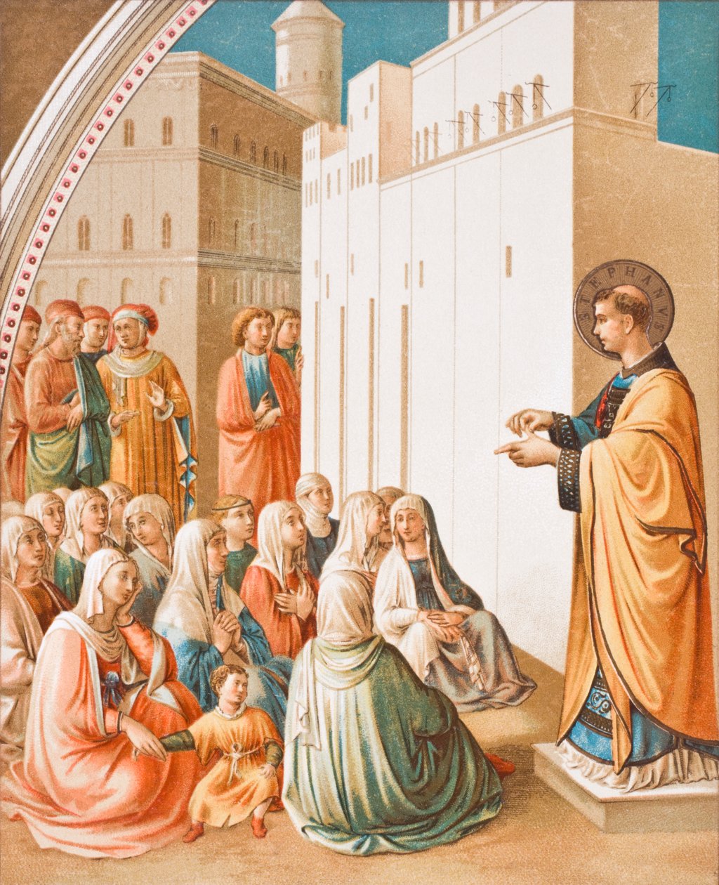 The Preaching of St. Stephen, efter freskmålningen av Fra Angelico, från Science and Literature in The Middle Ages av Paul Lacroix pub. London 1878 av French School