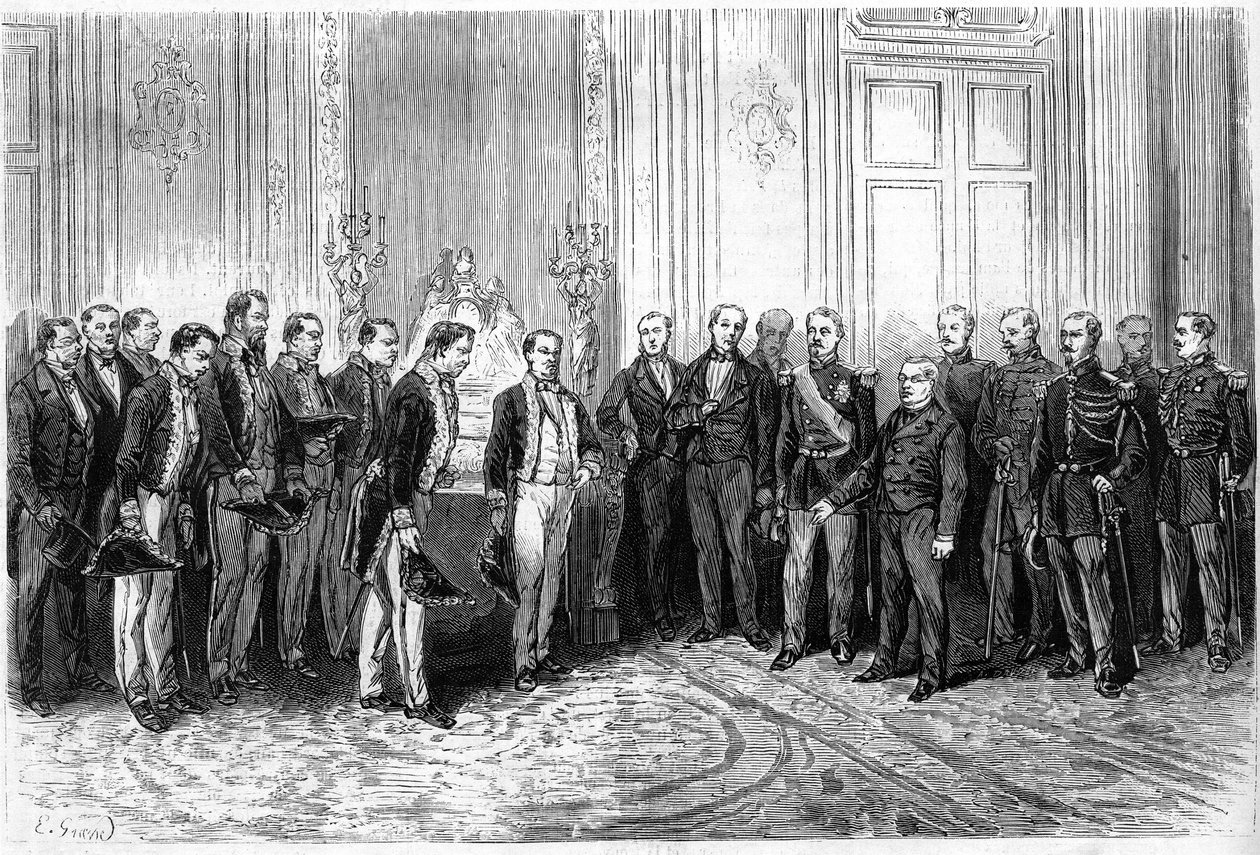 Franska republikens president Adolphe Thiers (1797-1877) tog emot japanska ambassadörer i Elyseepalatset. Gravyr i "" Le Monde Illustré"" nr 821 den 4 januari av French School