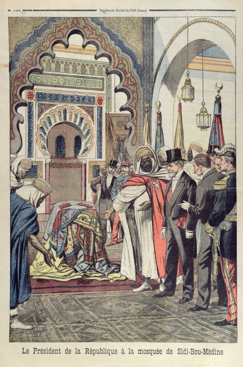 Republikens president Emile Loubet (1838-1929) på besök i moskén Sidi Bou Medine, Tlemcen, Algeriet, illustration från Le Petit Journal, 3 maj 1903 av French School