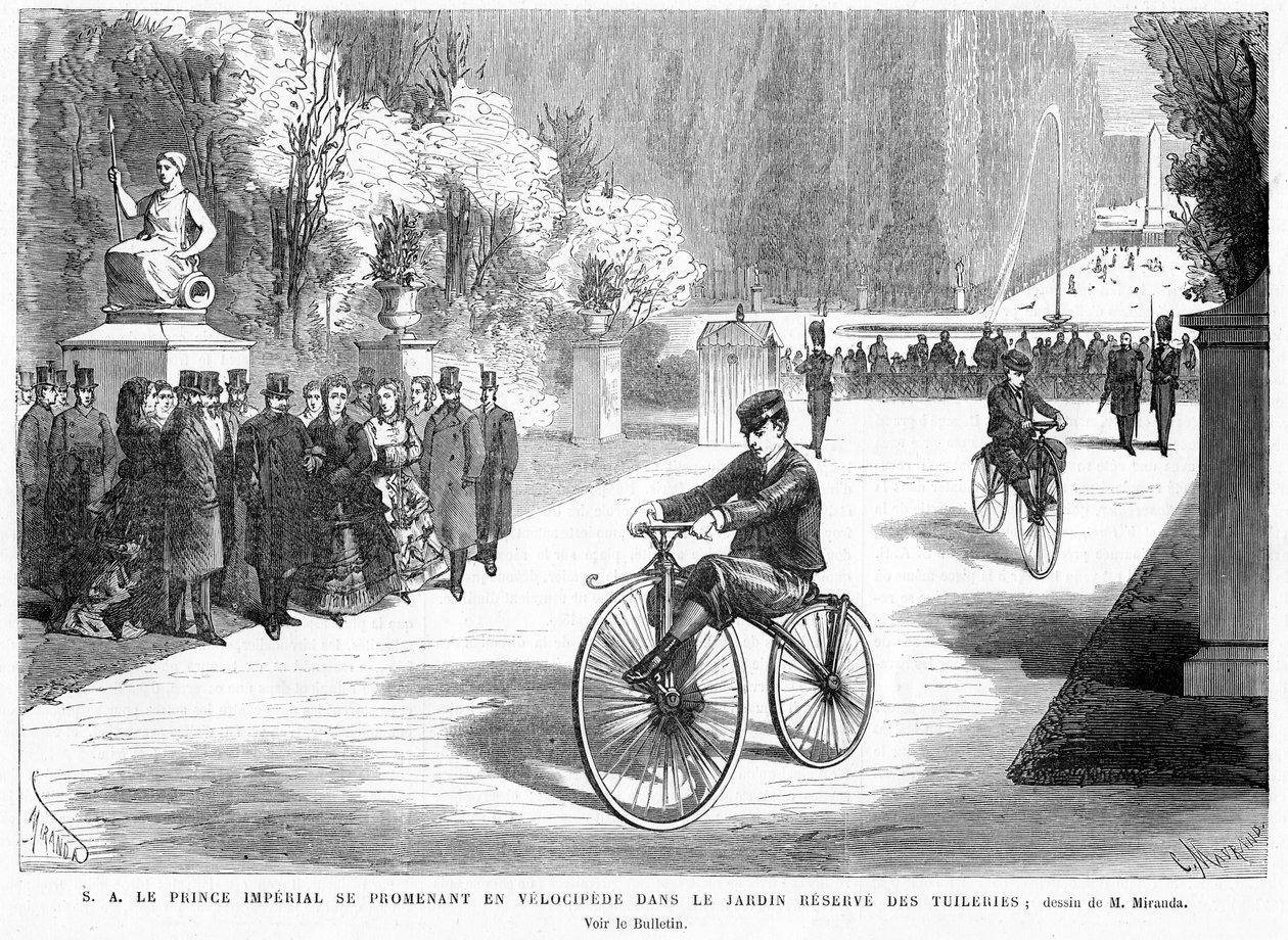 Prince Imperial, iakttagen av sina föräldrar, kejsaren och kejsarinnan, visar sin skicklighet i att cykla på en Michaux velociped i Tuileries Gardens, Paris, 1869 av French School