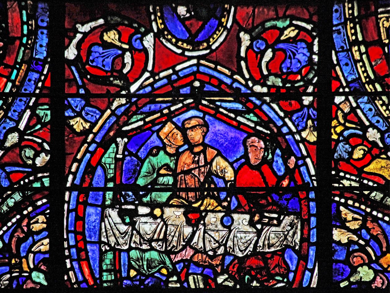 The Prodigal Son-fönstret: omfamnar en av kurtisanerna (w35) av French School