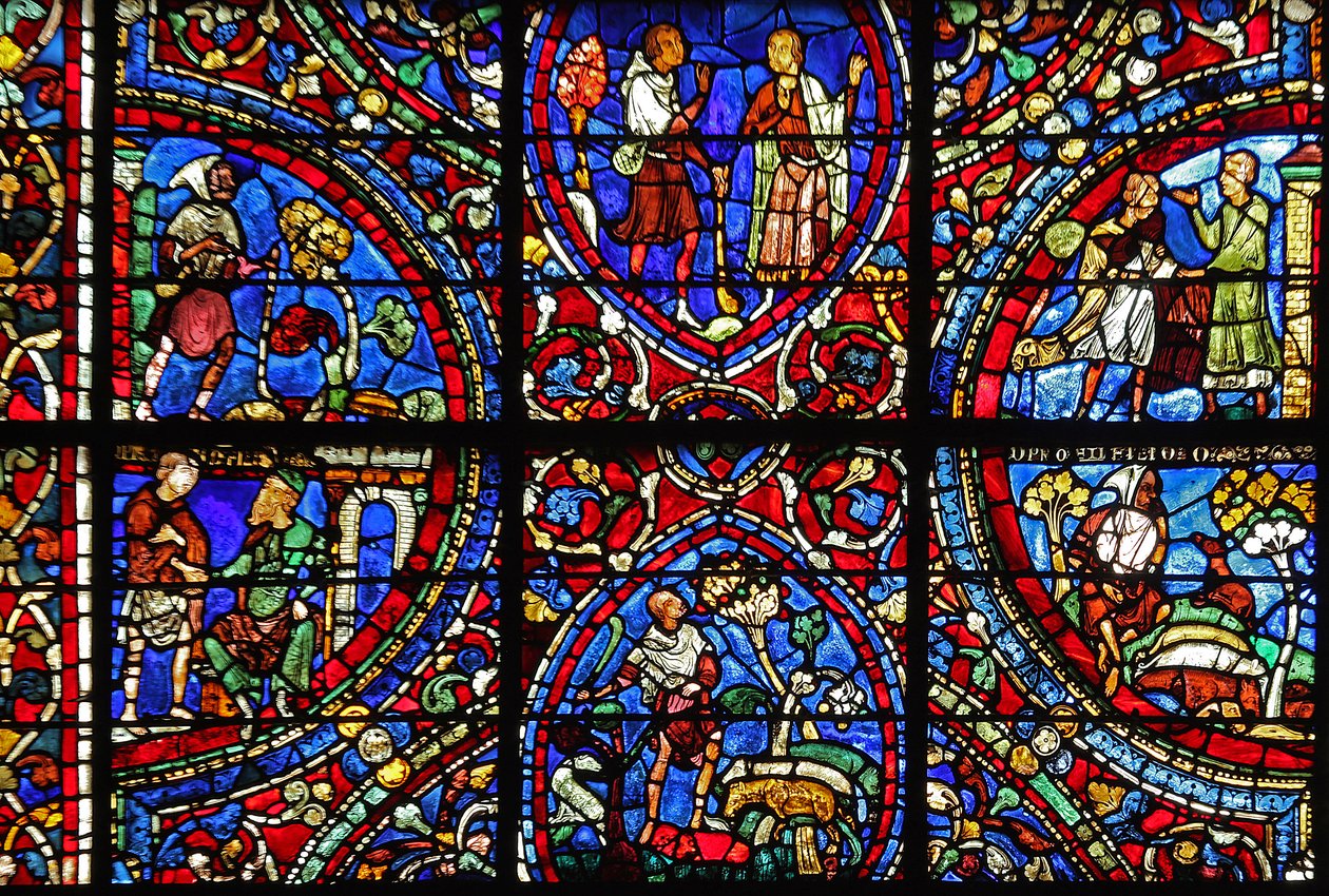 The Prodigal Son-fönstret: olika scener (w35) av French School