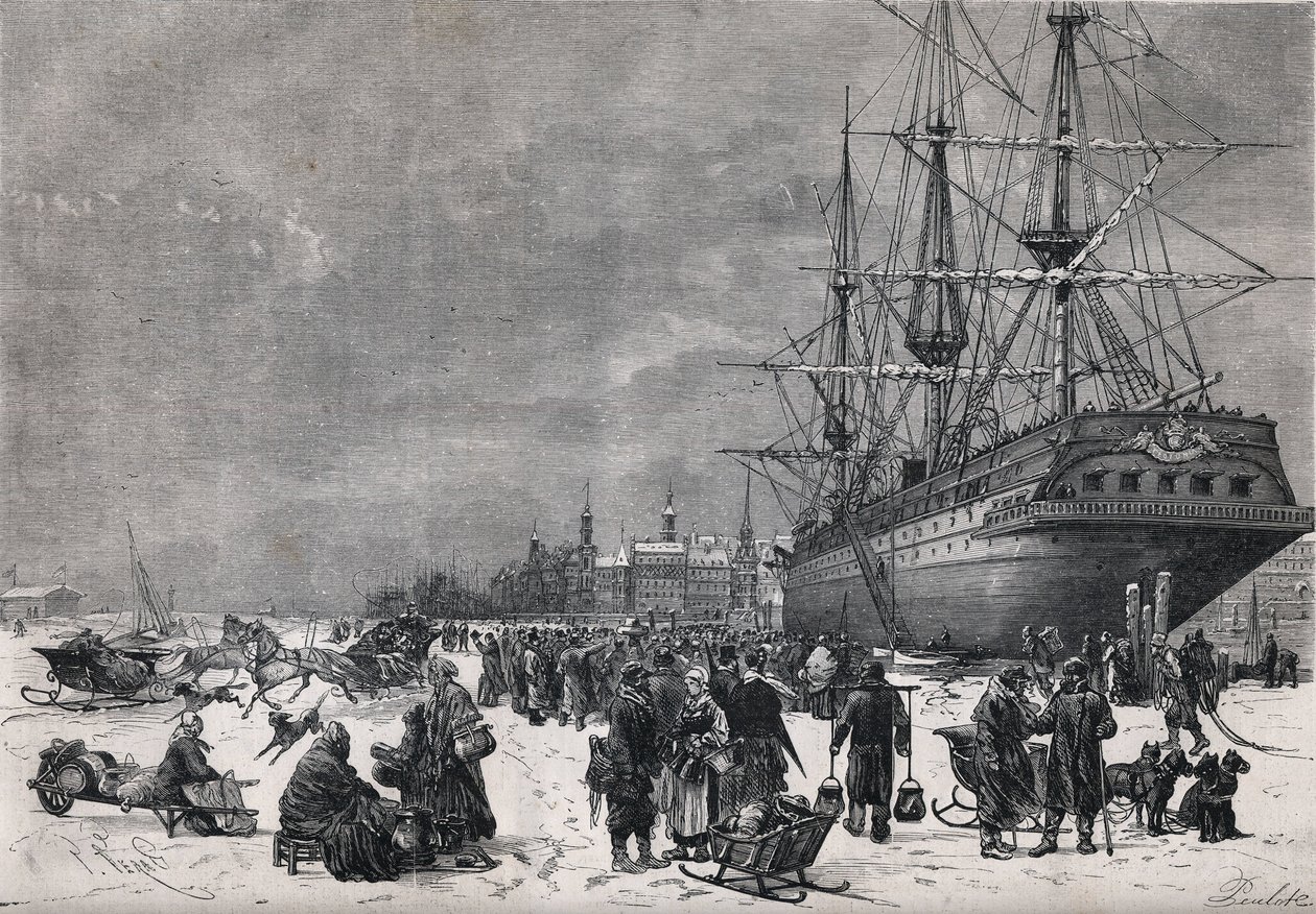 Det preussiska fartyget "Teutonia" i hamnen i Hamburg i Tyskland. Franska soldater hölls fångna i kriget 1870. Gravyr i "" Le Monde Illustré"" nr 743 den 8 juli 1871. av French School