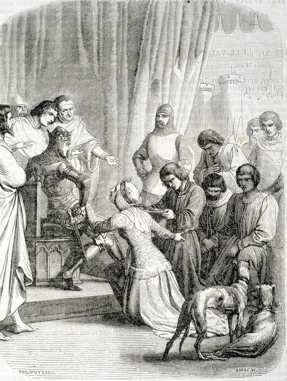 Drottningen av England (Philippa de Hainaut) ber tack till sin man Edward III för invånarna i Calais (avsnitt av den 6 borgerliga Calais) av French School