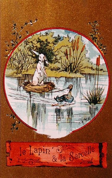 Kaninen och krickan, illustrerat kort som föreställer fabeln av Jean de la Fontaine (1621-95) c.1880 av French School