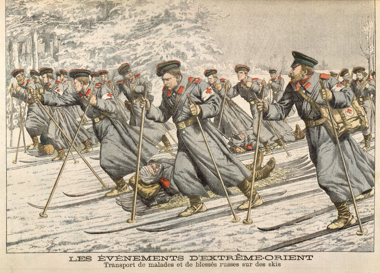 Röda Korset transporterar skadade ryssar på skidor under det rysk-japanska kriget (1904-05) från Le Petit Journal, ca 1904 av French School
