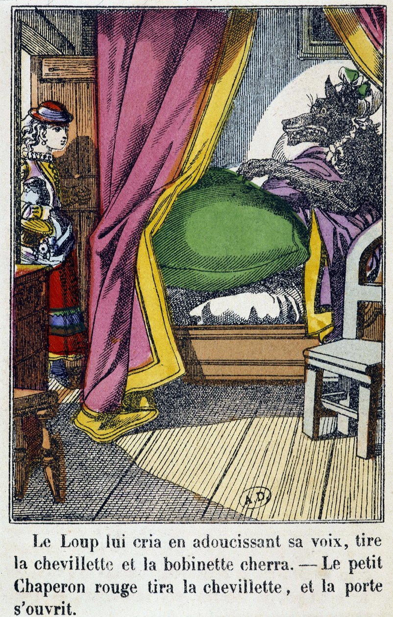 Rödluvan går in i rummet där vargen tog sin mormors plats - i "Rödluvan", red. Pellerin, Epinal, n.d. 19:e. av French School