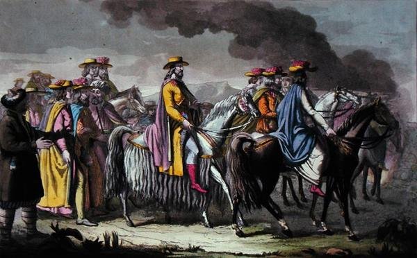 Regent of Tibet och hans anhängare (akvarell på papper) av French School