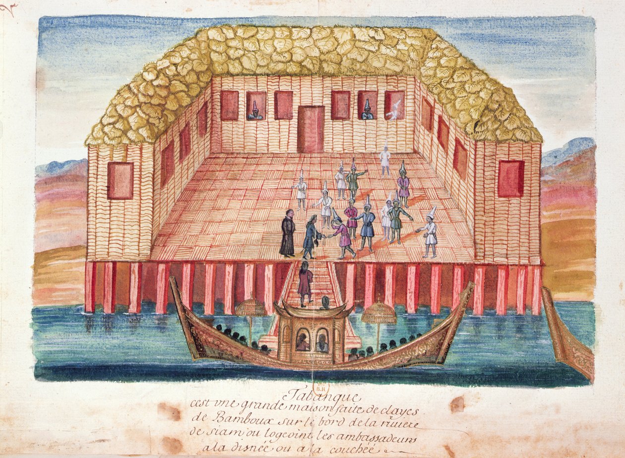 Residenset för de franska ambassadörerna i Siam, från en redogörelse för jesuiterna i Siam, 1688 (wc på papper) av French School