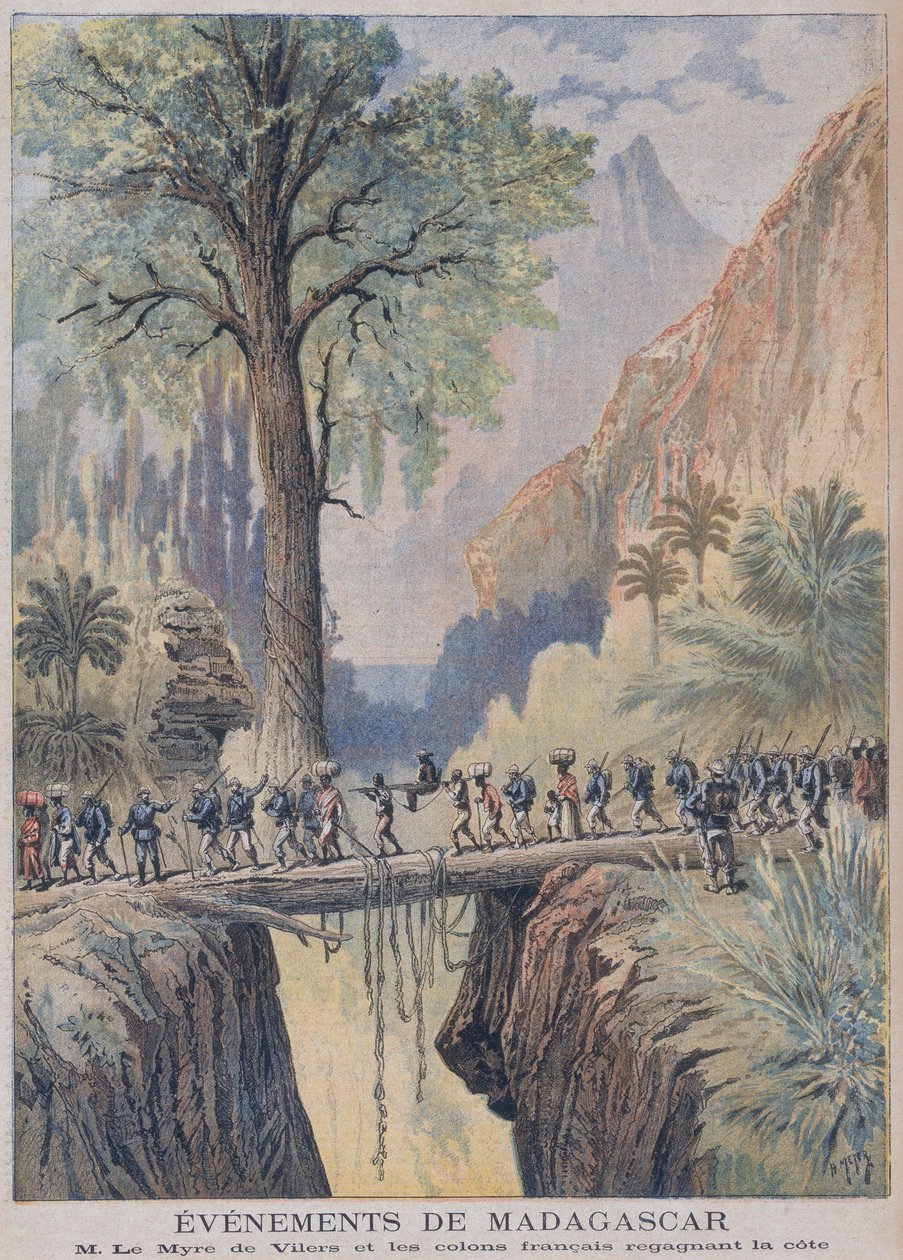 Madagaskars generalresident, Charles le Maire de Villiers och franska kolonister når kusten, illustration från 