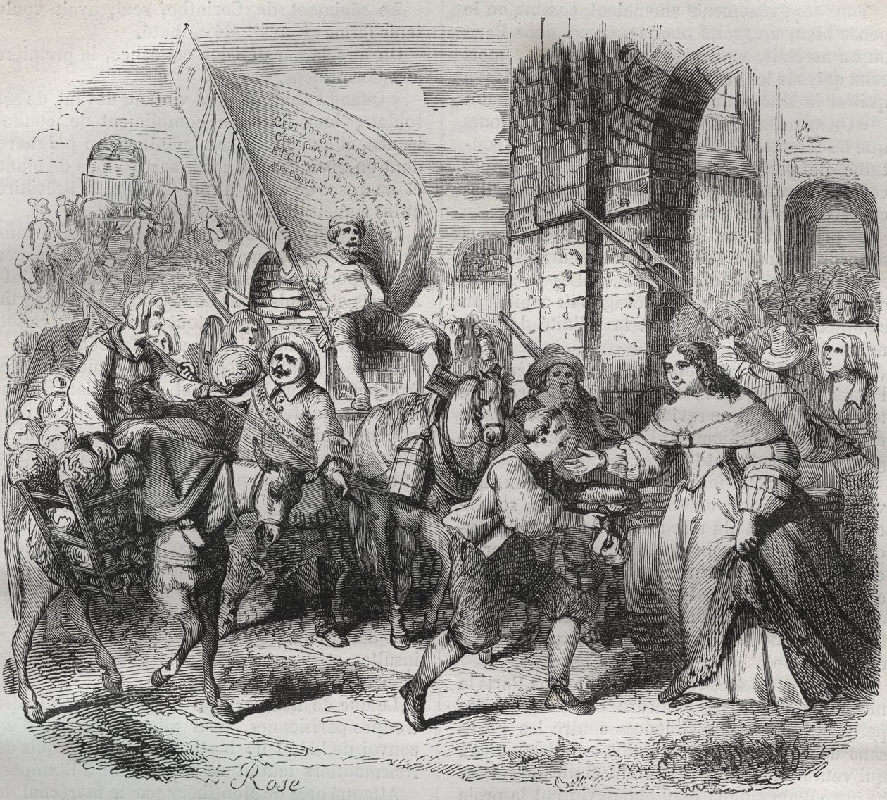 The Return of Gonesse, avsnitt av Fronde: "Lady of Paris" välkomnar "Lady of Aubervilliers" och "Nouricier Gonesse" som kom för att förse henne. Gravyr frondeuse 1649 - gravyr i "Paris a travers les siecles"" av H. Gourdon de Genouillac av French School