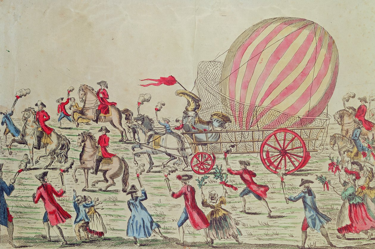 Varmluftsballongens återkomst till Paris, efter experimentet på Champ de Mars av bröderna Montgolfier, 2 december 1783 av French School
