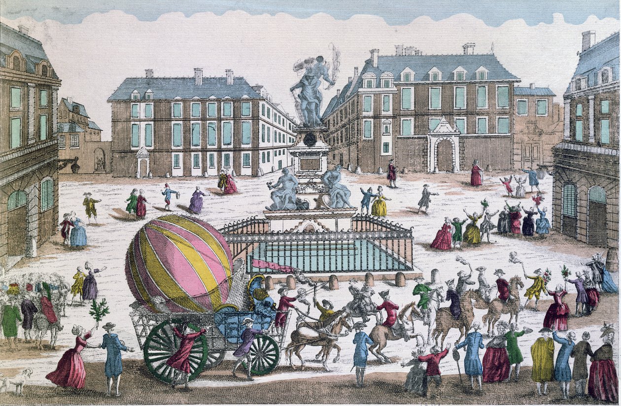 Återkomsten den 2 december 1783 till verkstaden på Place des Victoires av Jacques Charles (1746-1823) och Nicholas Roberts (1761-1828) ballong av French School